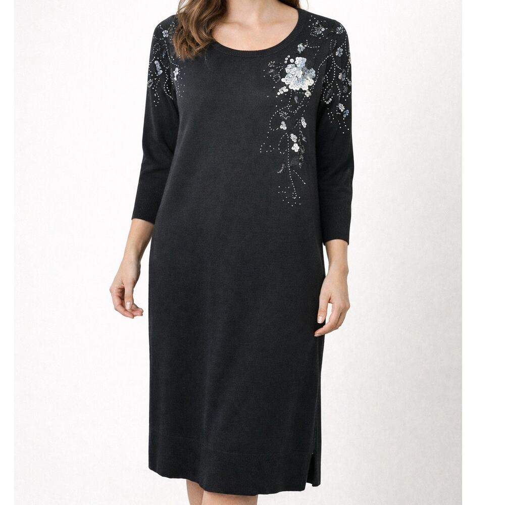 Cato Woman Black Gray Knit Floral Sequin Beaded Pullover Long Sleeve Midi Dress